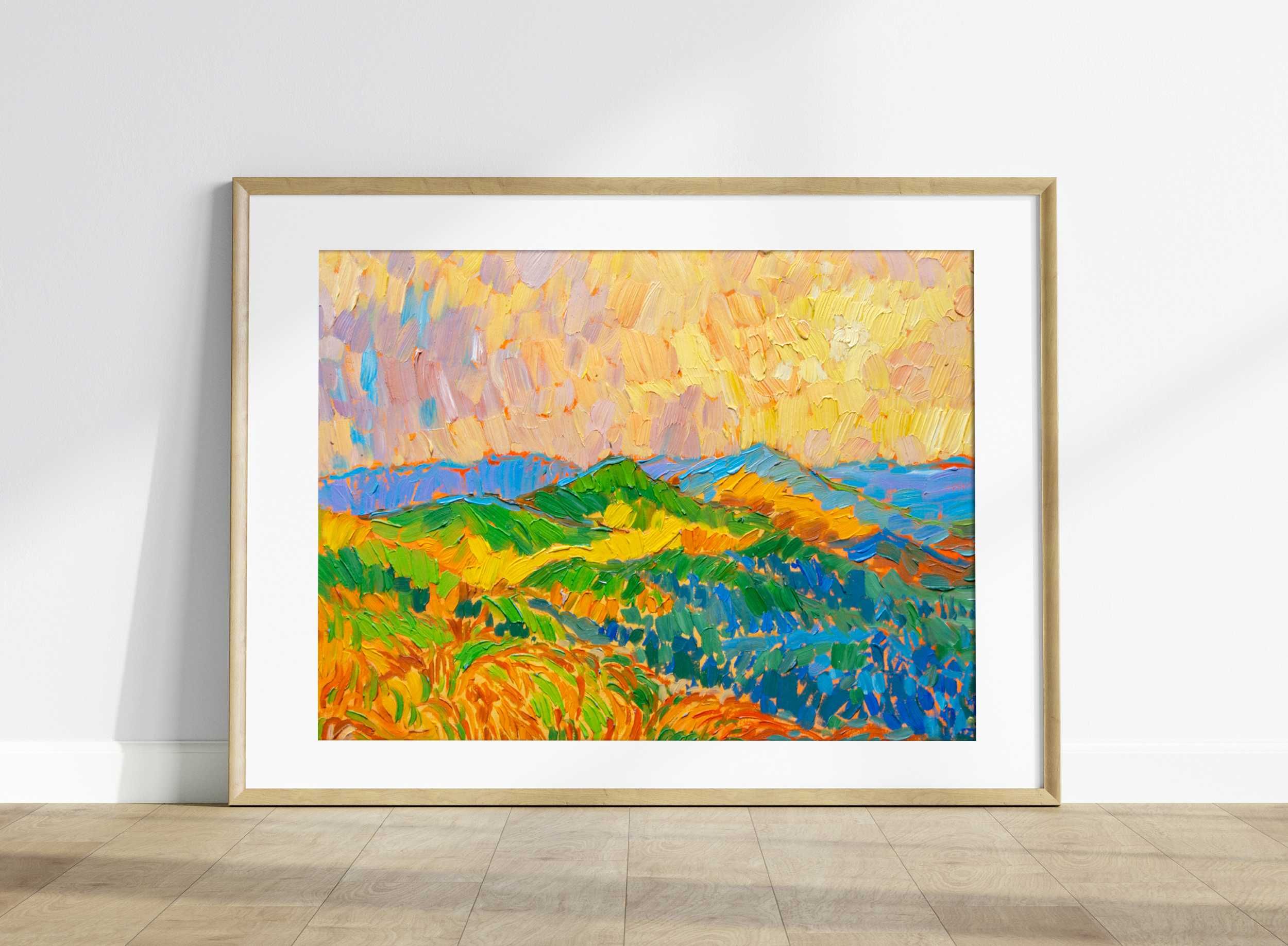 „Słoneczny szlak” mały obraz olejny Góry Bieszczady w eko ramce