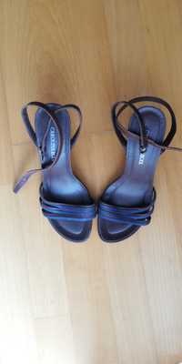 Sandália de tiras , salto alto, castanhas e azul, 38