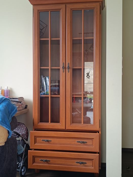 Witryna szklana z szufladami biblioteczka