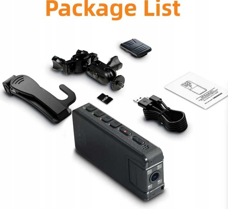 Kamera 1296P 64 GB z Noktowizorem IR Obiektywem 180° klipsy 3-sztuki