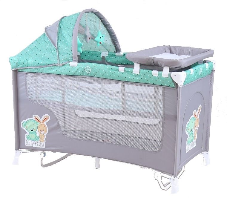 Łóżeczko turystyczne kojec zabawki przewijak 2 poziomy płozy Szare