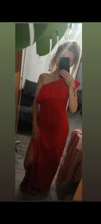 Świetna sukienka maxi czerwona jedno ramię falbana