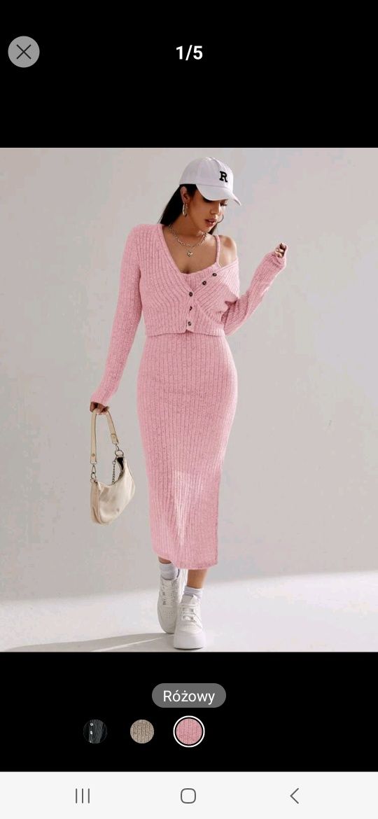 Nowy komplet dzianinowy prążkowany damski różowy spódnica sweter 36 s
