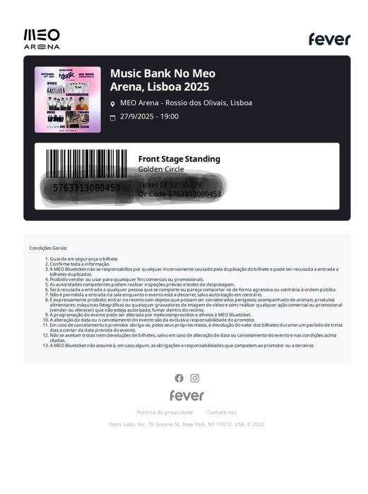 Music Bank No Meo Arena, 27 de Setembro Front Stage ticket
