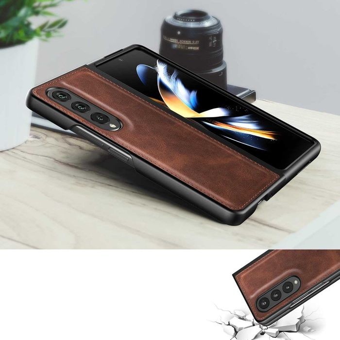 FOLUU etui skórzane do Samsung Galaxy Z Fold 4 5G 360 pancerne brązowe
