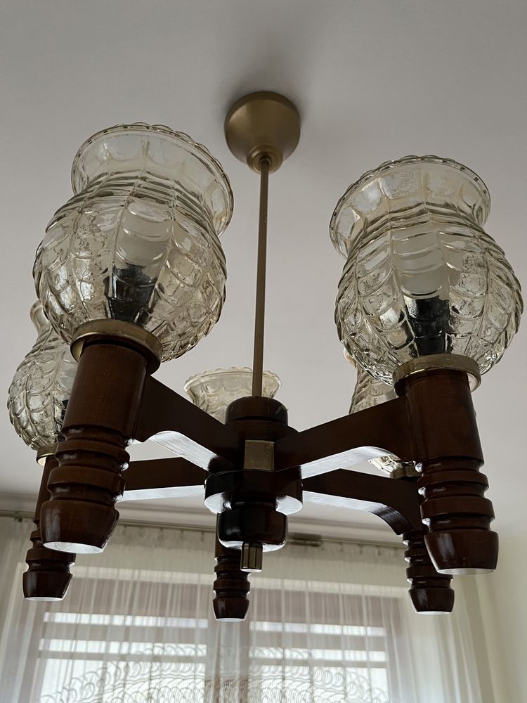 Lampa sufitowa retro vintage drewno szklany żyrandol klosze