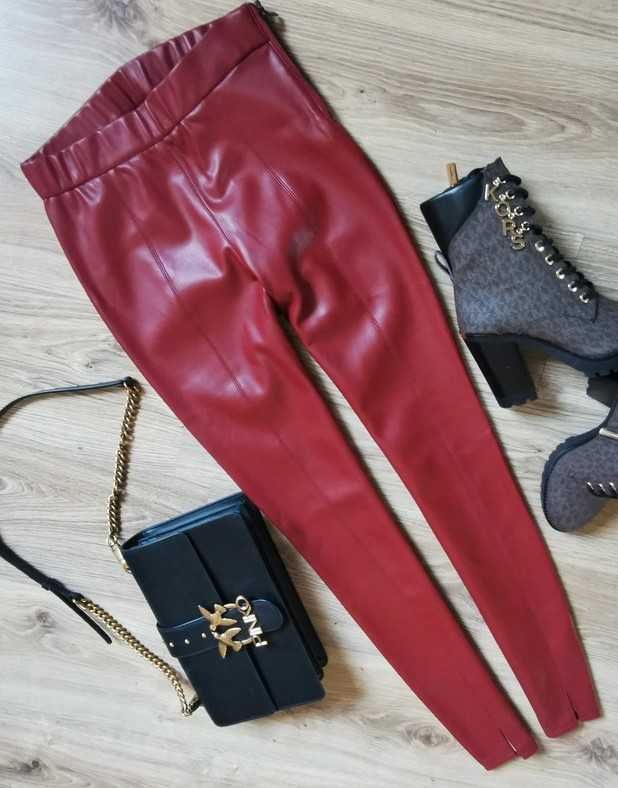 Piękne eko skóra legginsy bordo burgund 34 XS nowe