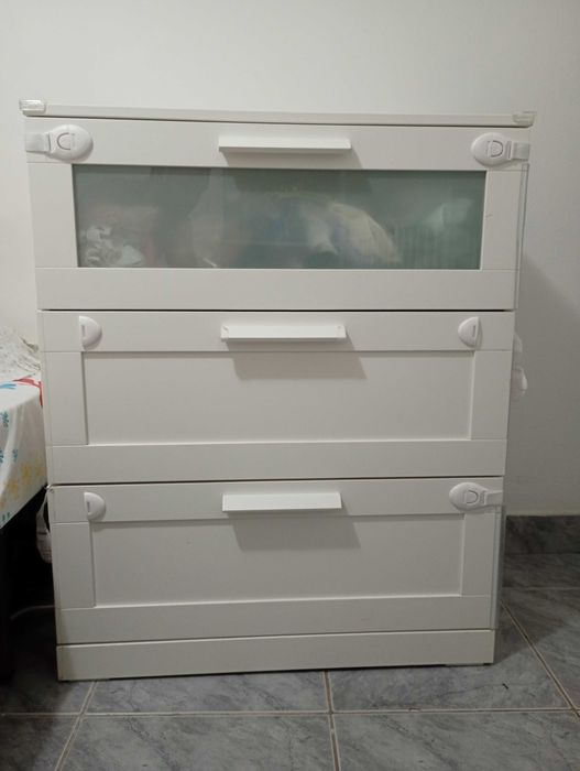 Cómoda c/3 gavetas, branco/vidro fosco, 78x95x46 cm
