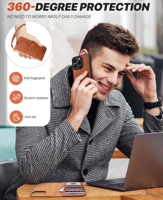 OCASE skórzane etui iPhone 16 Pro Max portfel jasny brązowy 2w1+ pasek