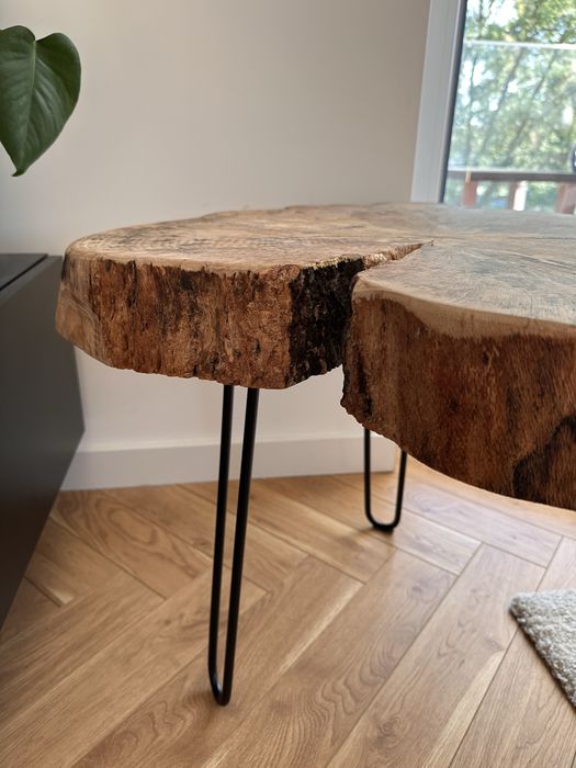 Stolik kawowy z plastra dębu – unikatowy, loft, handmade