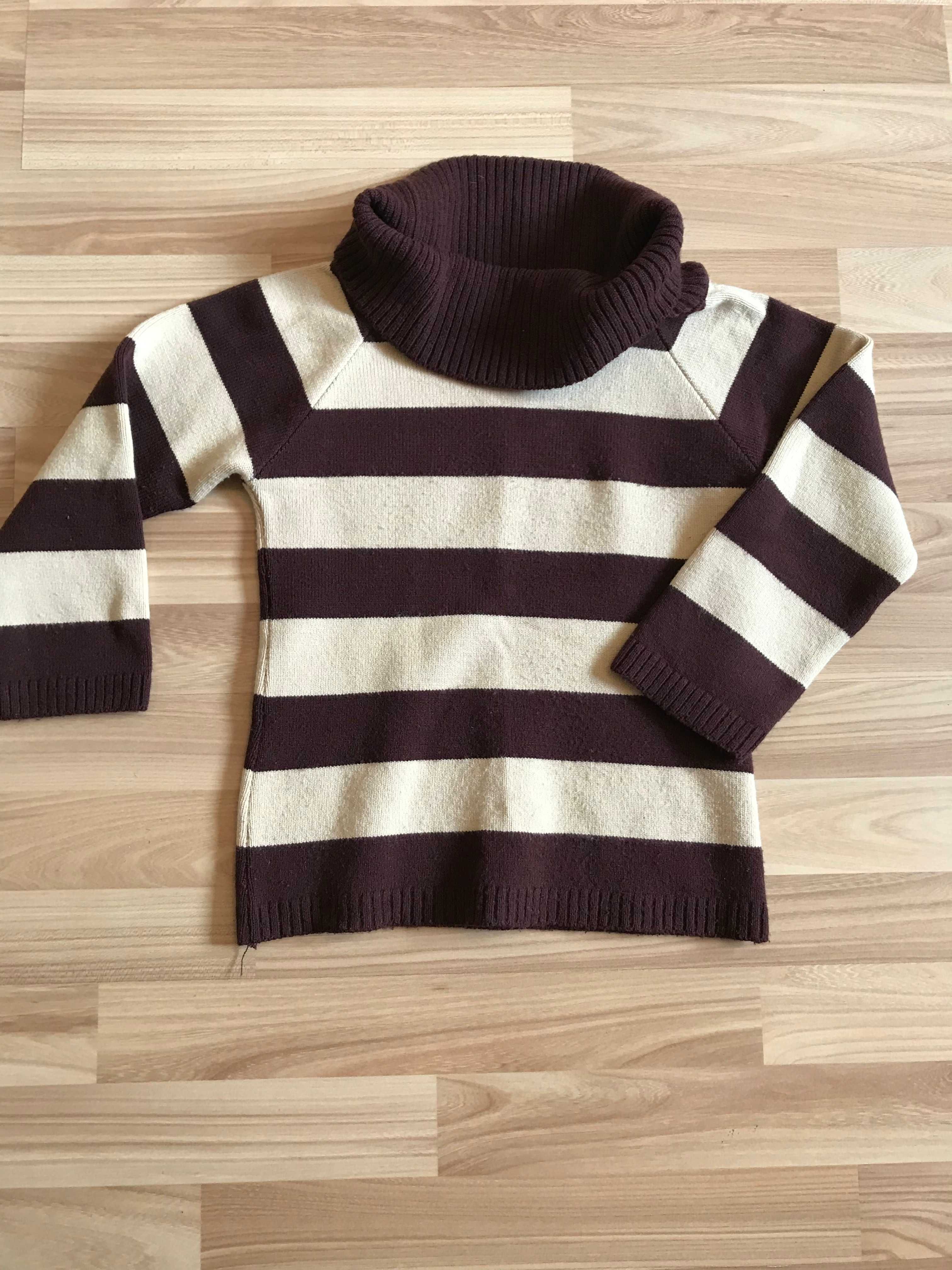 Sweter w paski pasy rękaw 2/4 czekoladowo-kremowy r. 36 vintage retro