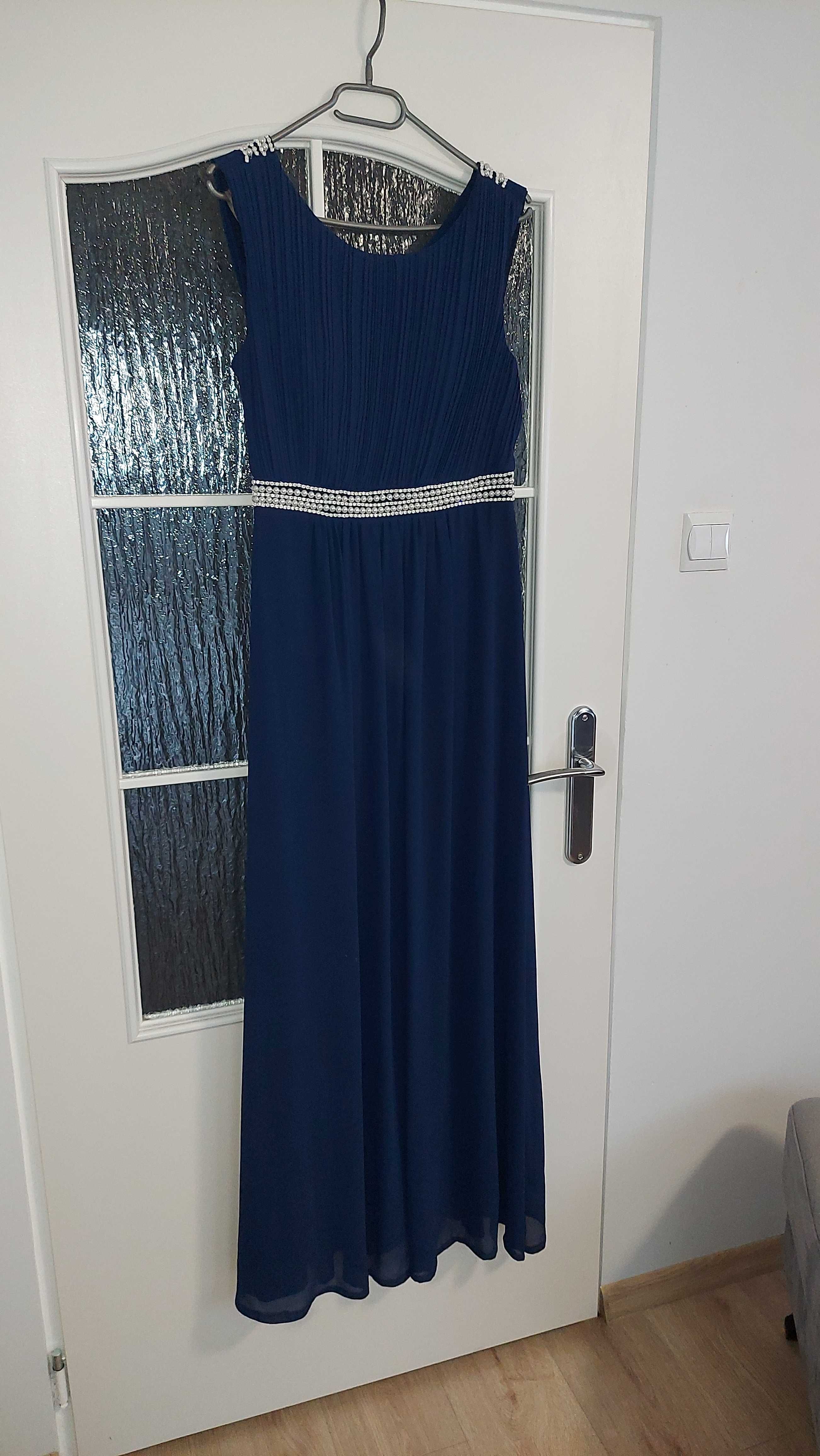 Długa elegancka sukienka na studniówkę wesele granatowa wieczorowa