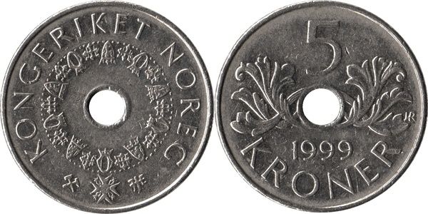 Moneta 5 Koron Norweskich 1999. Wyprzedaż kolekcji numizmatycznej.