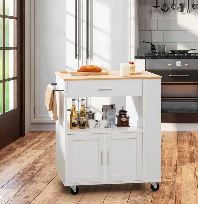 Wyspa kuchenna na kółkach z półką i szafką