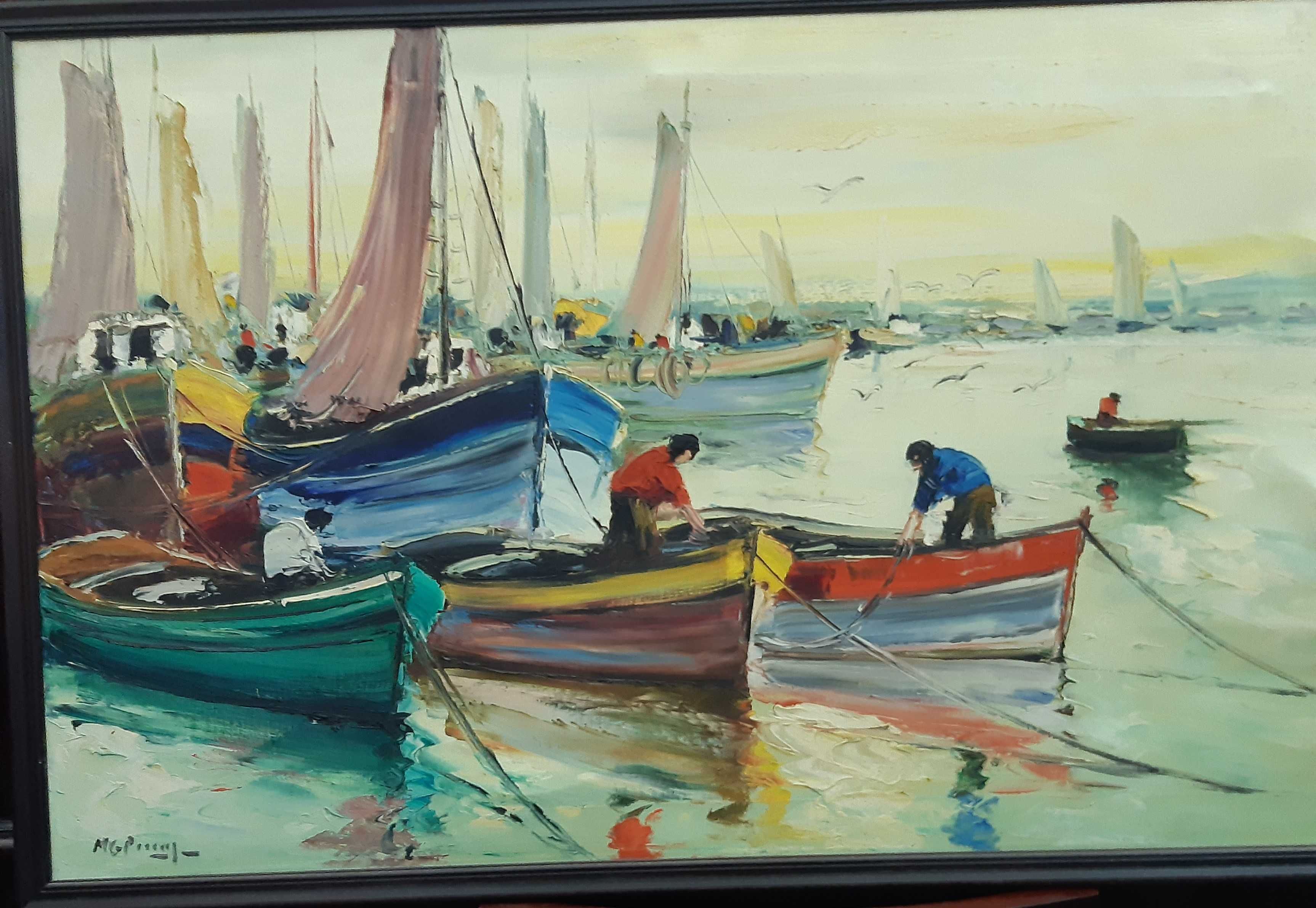 Retro Vintage Antigo Quadro Pintura Óleo Original Barcos Pesca