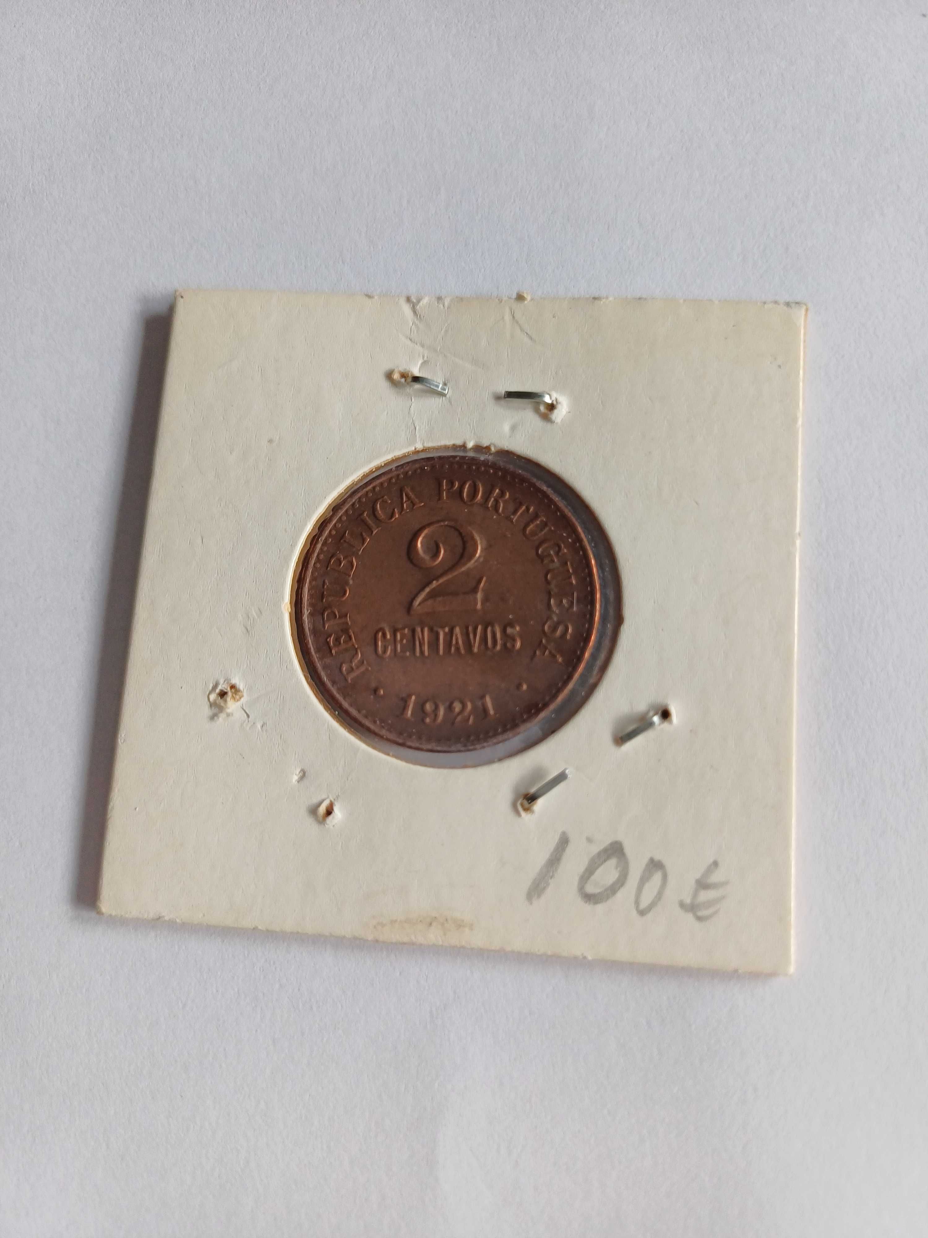 2 centavos de 1921 em COBRE da 1ª República Rara no estado de MBC+