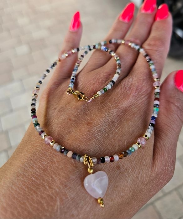 Naszyjnik Choker Kamienie Naturalne Kwarc Różowy Granat Piryt Spinel