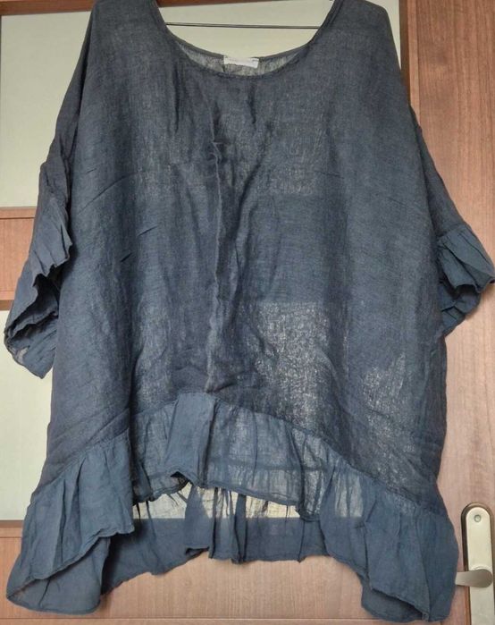 Lniana granatowa bluzka tunika 160 cm pachy 70% len 30% wiskoza 54 56