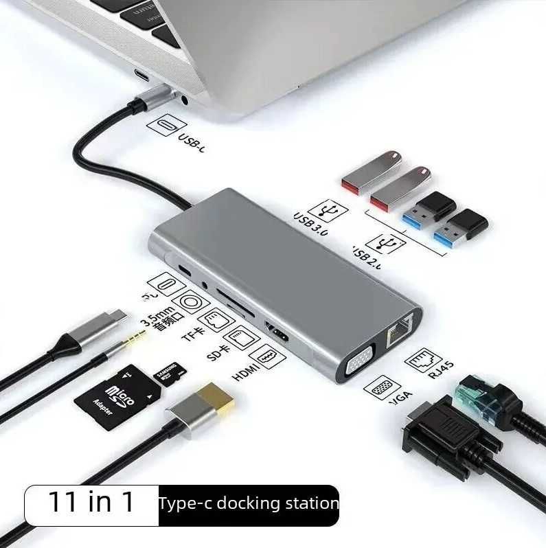 USB Hub 11 в 1 - Type C + Lan + HDMI + VGA (юсб хаб). Windows/MacBook.
