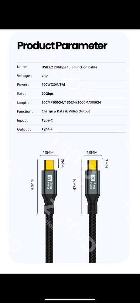 Cabo USB-C 3.2 PD100W 2 metros - NOVO