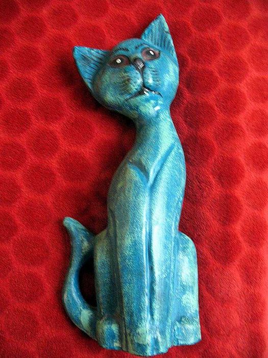 KOT - Drewno Stara Figurka rzeźba 31 x 12 x 6 cm Indonezja Rzadki okaz