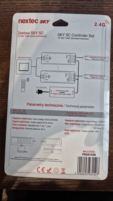Zestaw pilot + sterownik LED Nextec SKY SC Controller S 12–24V 8A 2.4G