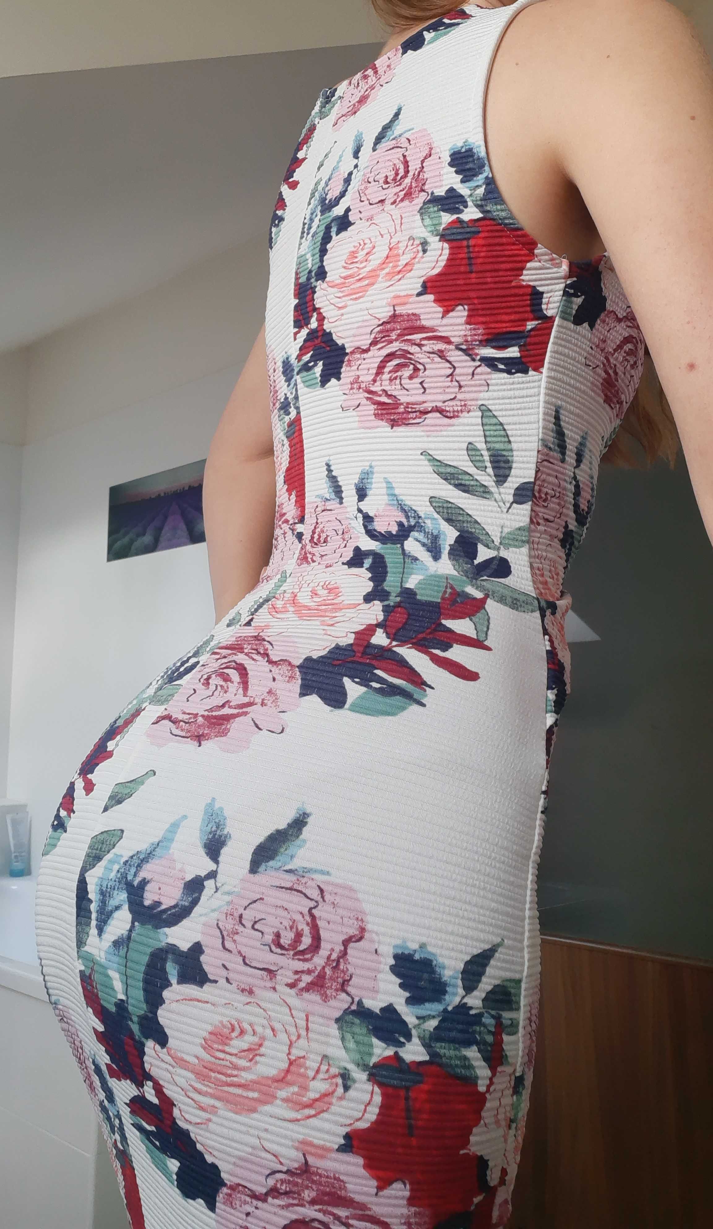Sukienka dopasowana w kwiaty ołówkowa midi bodycon XS
