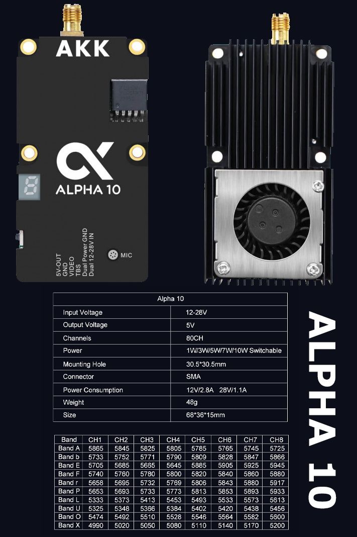 Видеопередатчик AKK Alpha 10 5.8GHz 10W 80CH VTX