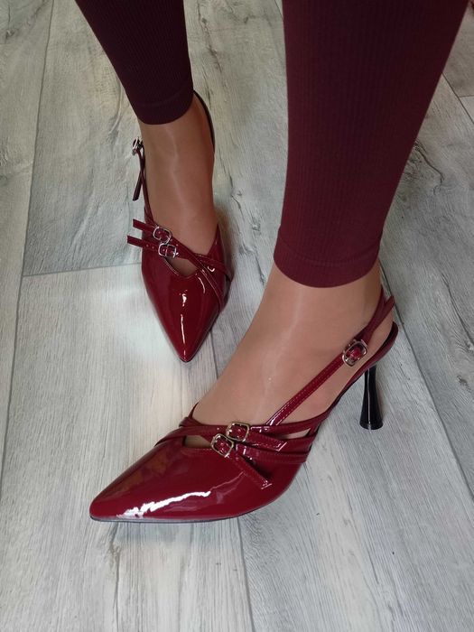 (42/43) Bordowe czółenka szpilki wieczorowe z odkrytą piętą, NOWE