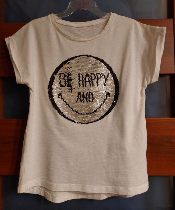 Bluzka biała dziewczęca t-shirt bawełna cekiny Be Happy 140-146 cm