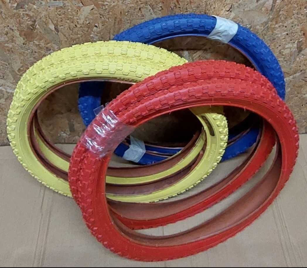 Pneus bmx 20x1.75 vermelhos/creme e tampões amarelos