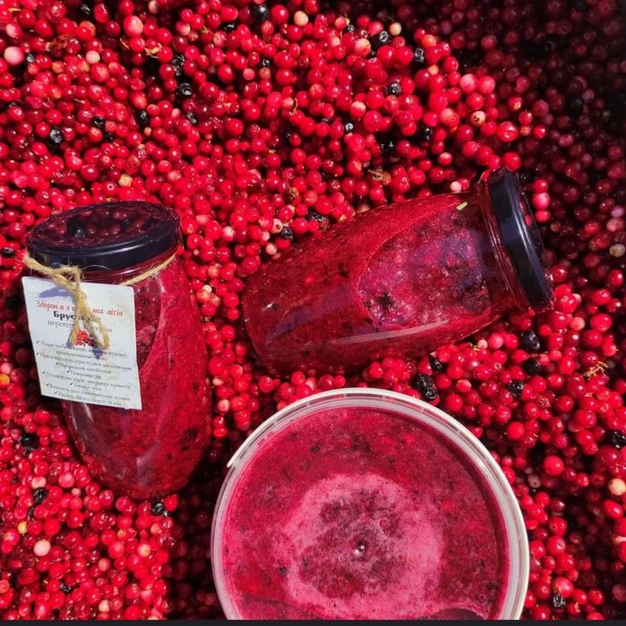 Брусниця. Брусниця перетерта з цукром. Брусника