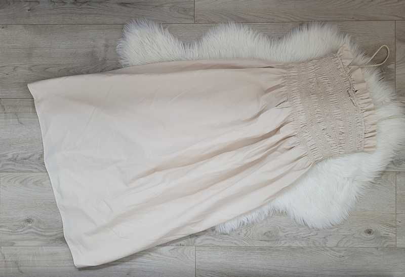 Beżowa, bawełniana, letnia midi sukienka na ramiączkach, H&M, M (38)