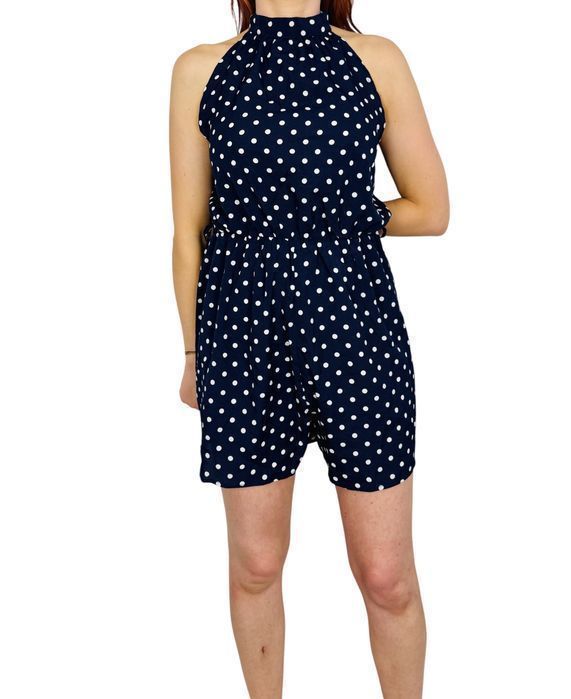 Granatowy kombinezon w białe grochy z wiązaniem na szyi L/XL 40/42