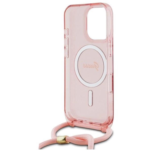 Etui Guess Crossbody Cord Script MagSafe na iPhone 16 Pro - różowe