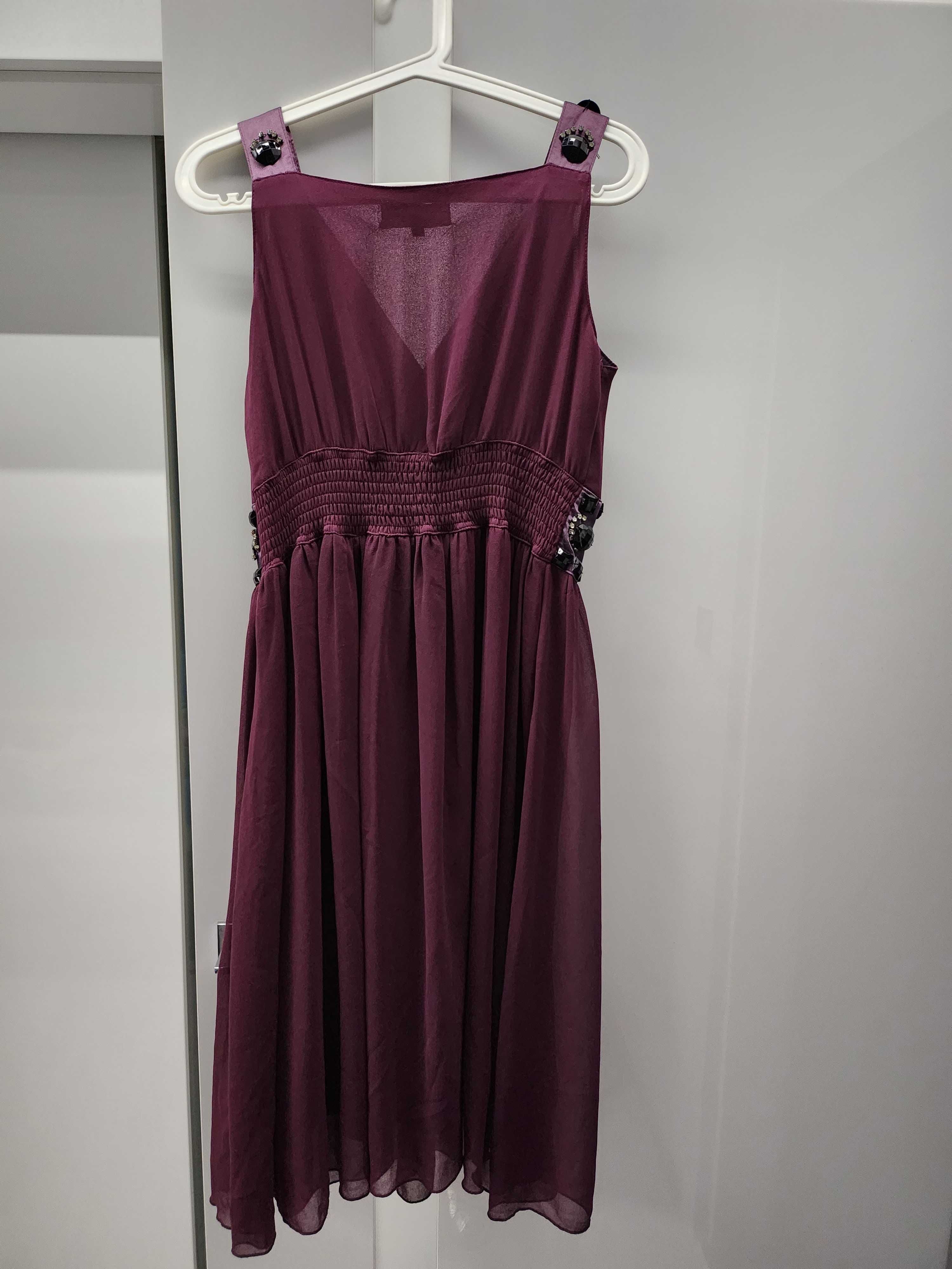 Sukienka szyfonowa koktailowa zdobiona kamieniami fioletowa r. M/L