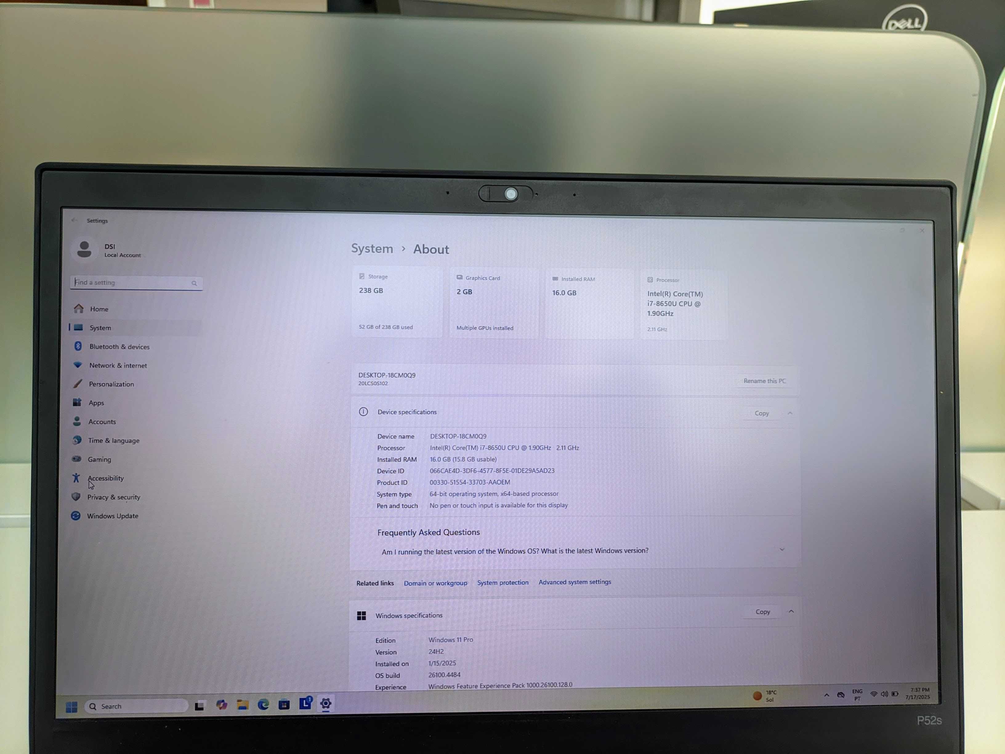 Lenovo ThinkPad P52s – i7 | 16GB RAM | SSD NVMe | Gráfica Dedicada