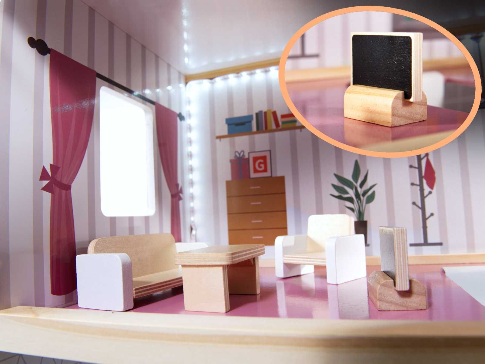 Domek dla lalek drewniany + 2 LALKI mebelki 78cm oświetlenie LED