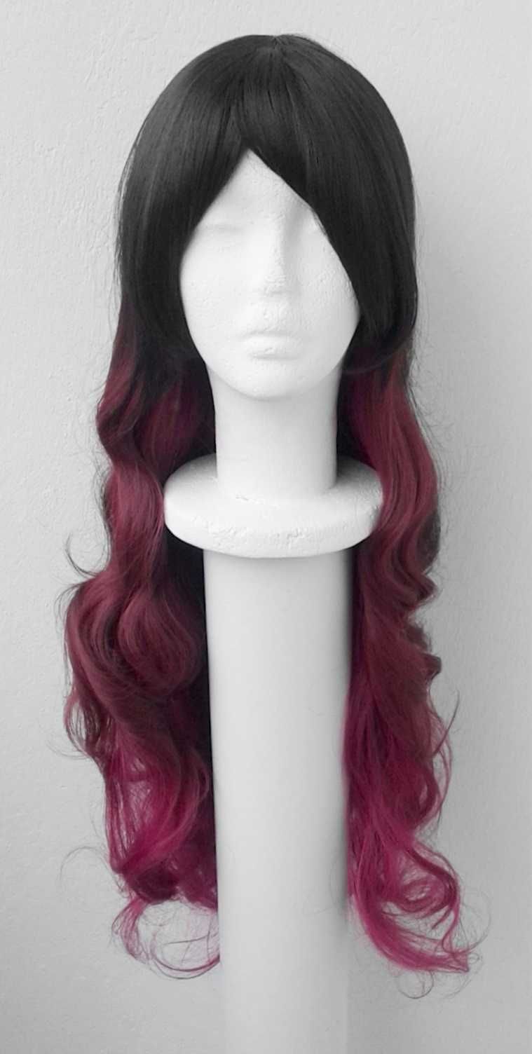 Czarna różowa ombre peruka falowana gradient z grzywką cosplay wig