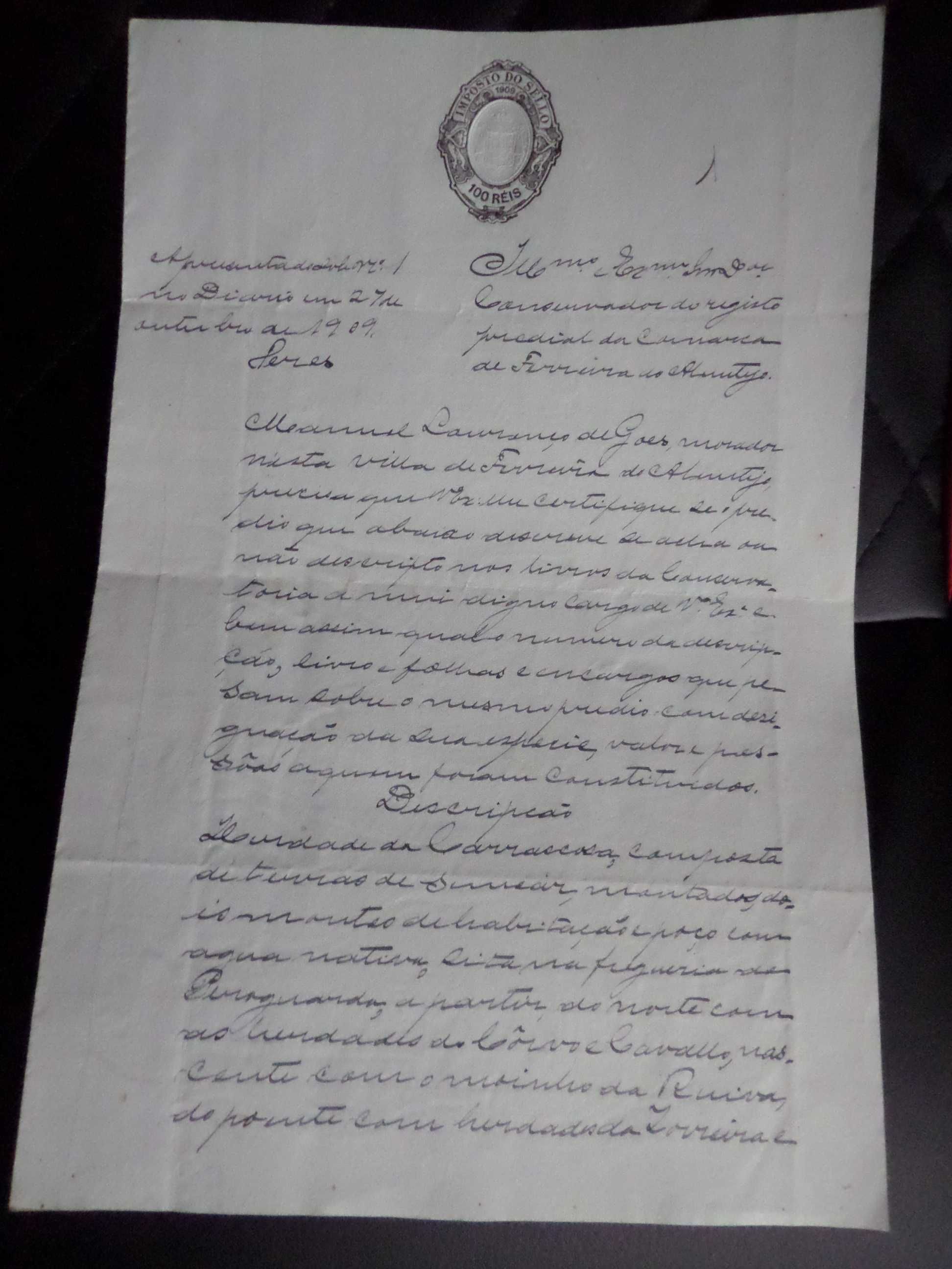 Documento : Manuscrito  Selado.  Ano  1909