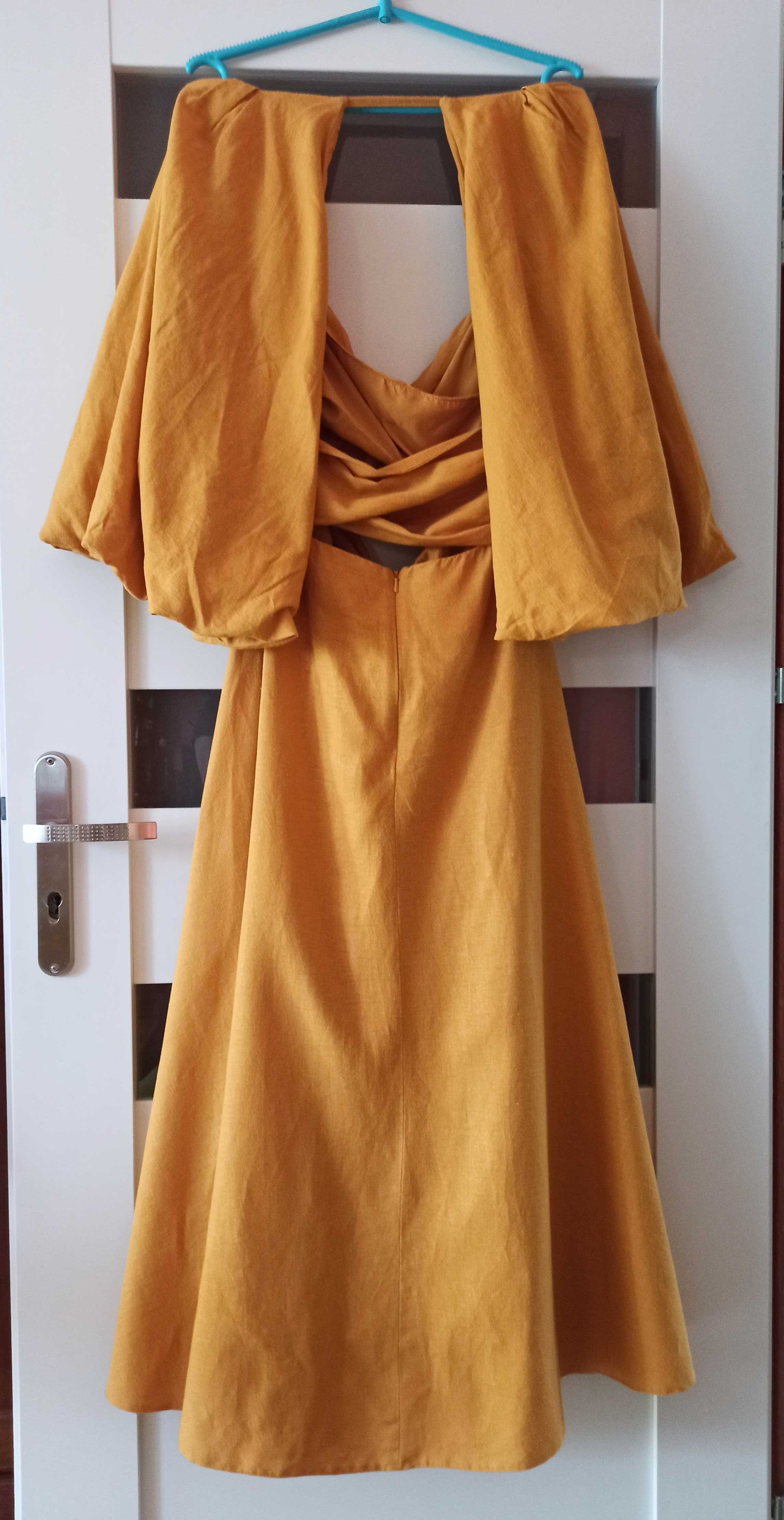 Lniana musztardowa sukienka midi z bufiastym rękawem ASOS