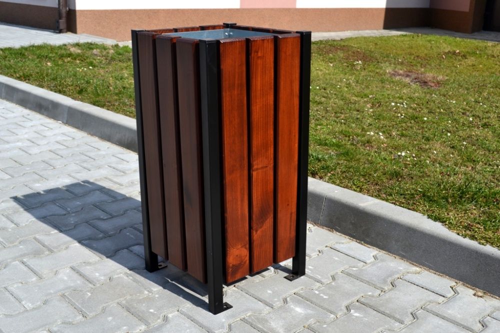Kosz parkowy uliczny miejski na śmieci drewniany stalowy 35l W039