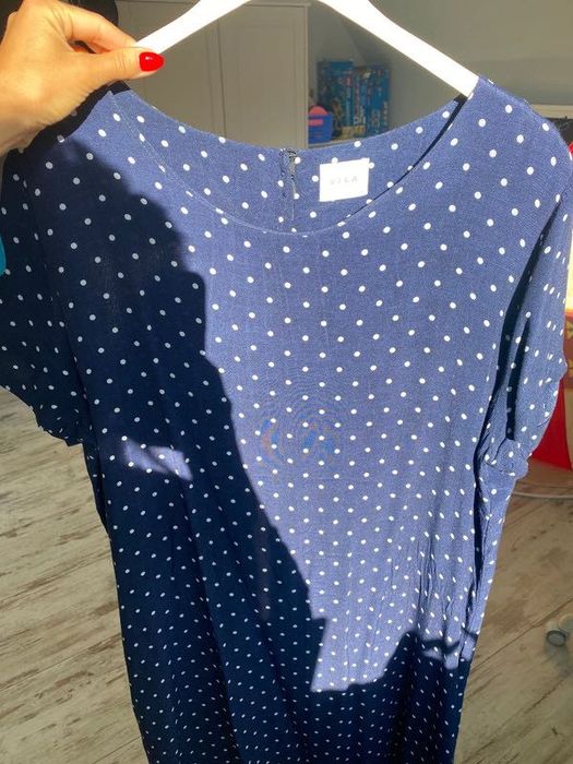 Vila MIDI przewiewna sukienka w kropki w groszki granat 42 XL 44 XXL