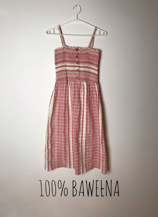 Malinowa bawełniana sukienka w paski cottage core, real vintage