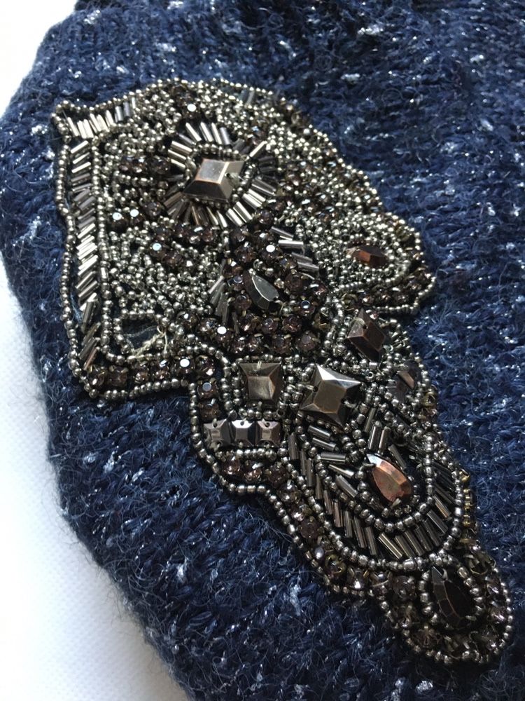 Guess sweter granatowo-srebrny regular L XL 40/42 wełna pagony oversiz
