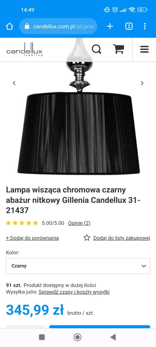 Lampa wisząca chromowa czarny abażur nitkowy Gillenia Candellux