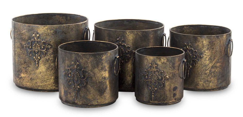 5 x Złota Patynowa Postarzana Osłonka Na Doniczkę Metal Uchwyty 142390