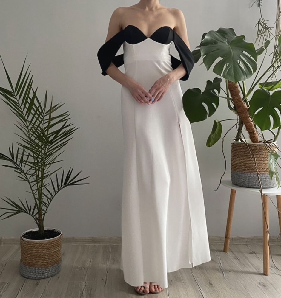 Elegancka sukienka wieczorowa maxi hiszpanka biało czarna