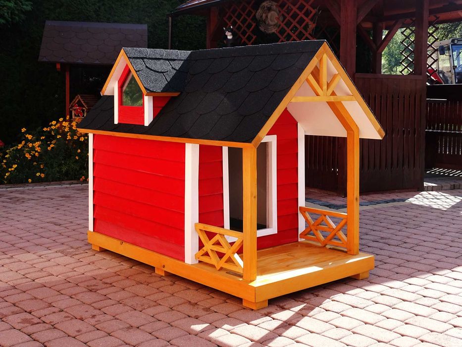 Buda dla psa z werandą i dwiema lukarnami w stylu skandynawskim L-XL