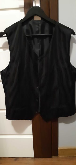 Garnitur męski czarny prążki L jak nowy 3 częściowy